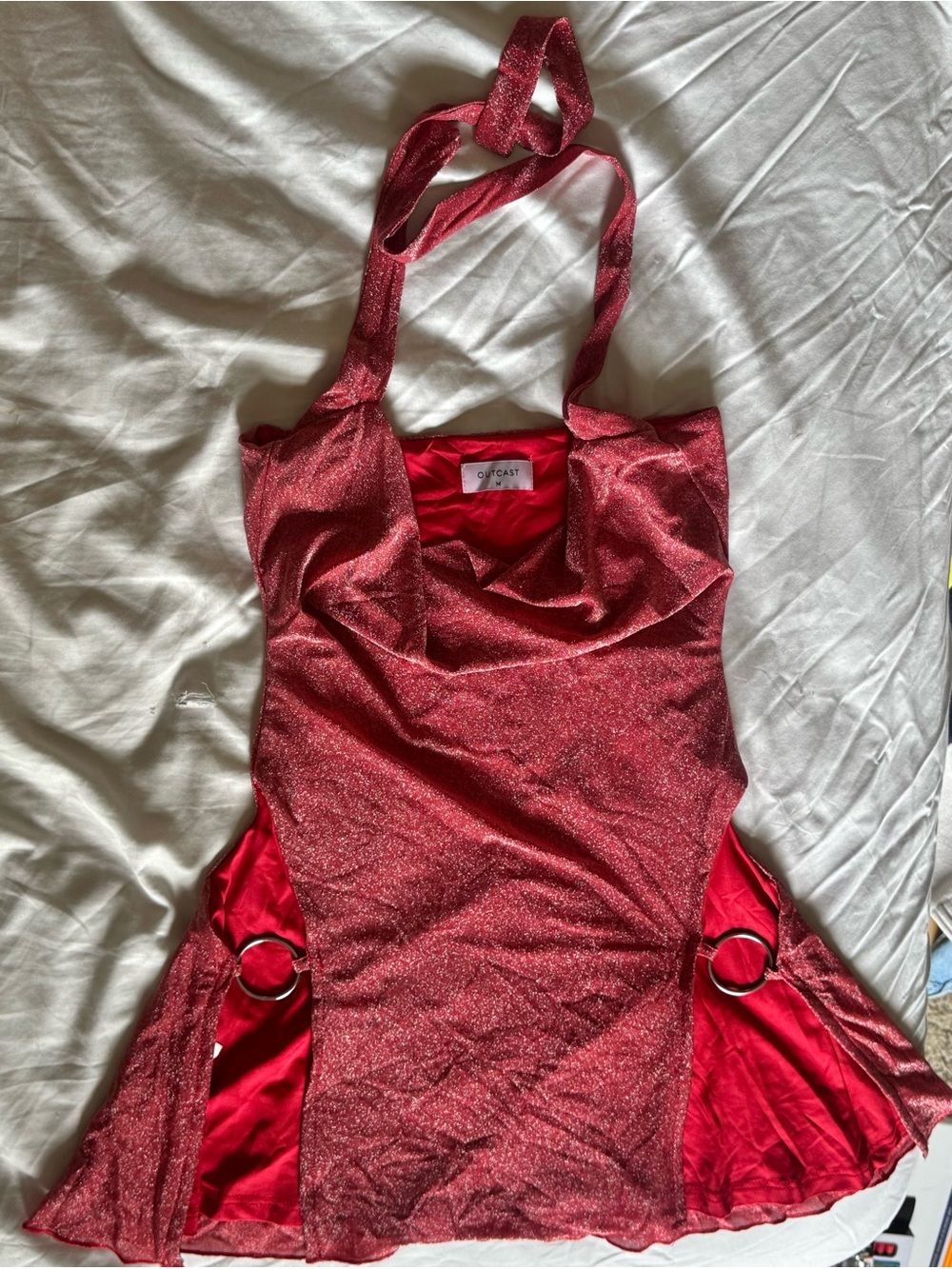 Sparkling Red Halter Mini Dress with Side Ring Detail